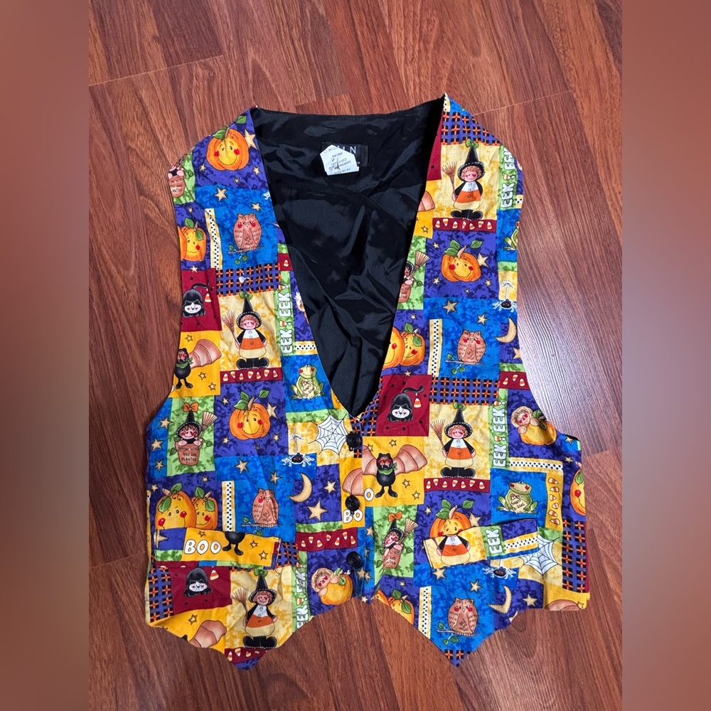 Vintage 90s JLN USA XL Tuxedo Vest Halloween Pumpkin Cats Boho Bat Witch